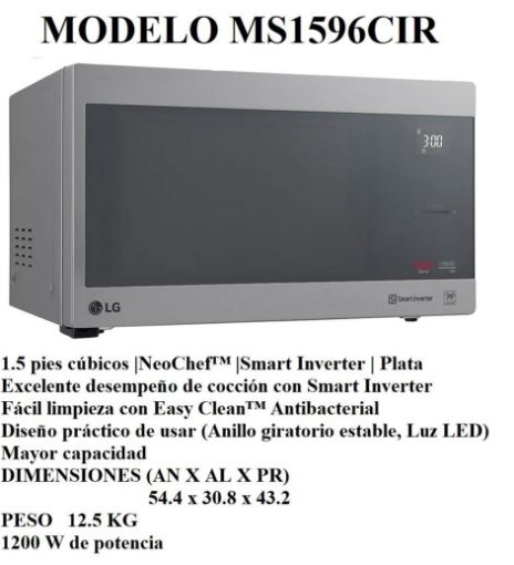 Imagen de HORNO DE MICROONDAS 1.5 PIES, LG, INVERTER, PLATA
